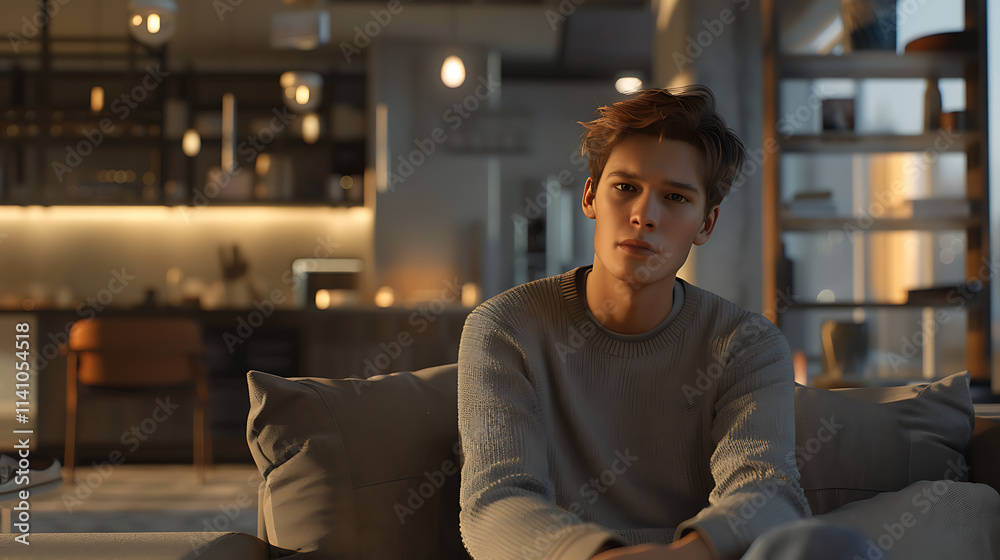 Young Man Relaxing on Sofa in Modern Apartment Young Man Relaxing on Sofa in Modern Apartment