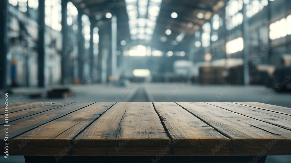 Empty wooden table providing enough copy space for image against blurred industrial warehouse background Empty wooden table providing enough copy space for image against blurred industrial warehouse background