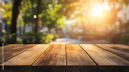 Empty wooden table on blurred summer resort background