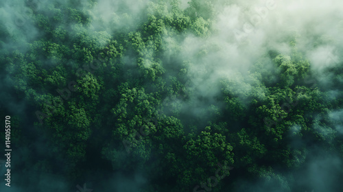 Aerial view of a dense jungle forest with fog and clouds, a rainforest landscape