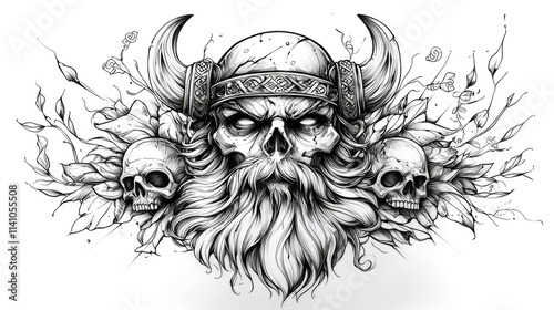 Skull Viking warrior with floral elements.