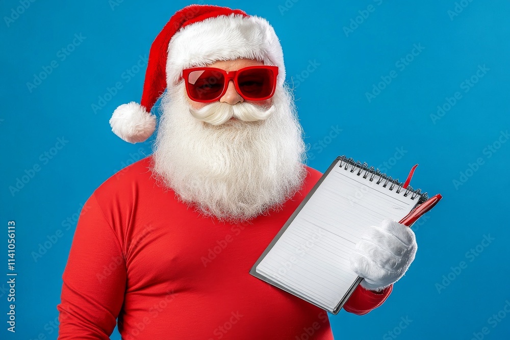 Naklejka premium Focused close-up of Santa Claus, amusing and a bit chubby, as he contemplates his notebook, planning his wish list and making decisions, looking thoughtful. He wears trendy suspenders, making him
