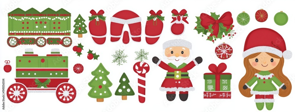 Fototapeta premium A traditional Christmas banner depicting Santa Claus, a nutcracker, a locomotive, girls, gingerbread, and gift boxes in a vintage style.