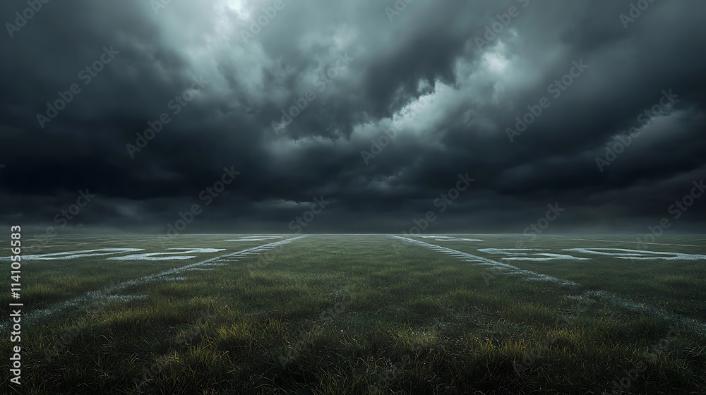 Obraz premium American football field in a dark stormy sky, 3d rendering