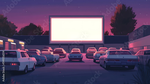 American drive-in with cars lined up in front of an outdoor cinema screen