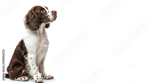 Springer Spaniel dog sitting, looking up.
