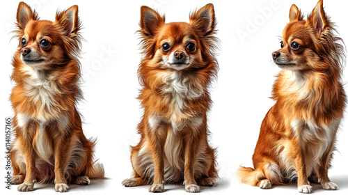 Three adorable long-haired chihuahua dogs sitting.