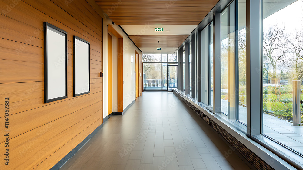 Fototapeta premium An empty framed poster on a wooden wall in a modern, well-lit office hallway with large windows