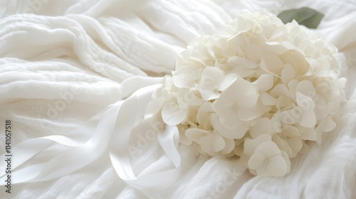 White Hydrangea Blooms Resting on Soft White Fabric