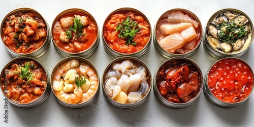 Wallpaper Mural Opened seafood cans on clean white background Torontodigital.ca