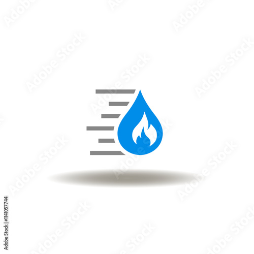 Vector illustration of fast move drop water with fire flame. Symbol of fire fighting, extinguishing. Icon of fire suppression.