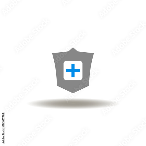 Vector illustration of shield and medical pharmacy cross. Symbol of insurance health. Icon of pharmaceutics.