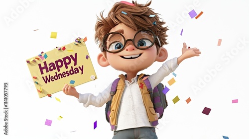 A cheerful animated character holding a sign that says 