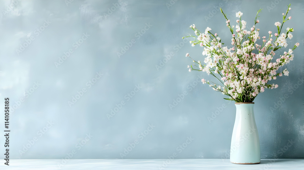 Delicate white blossoms in a light blue vase against a textured blue wall. Delicate white blossoms in a light blue vase against a textured blue wall.