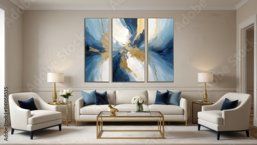 Stunning modular wall art mockup featuring blue abstract painting on split canvas panels. photo