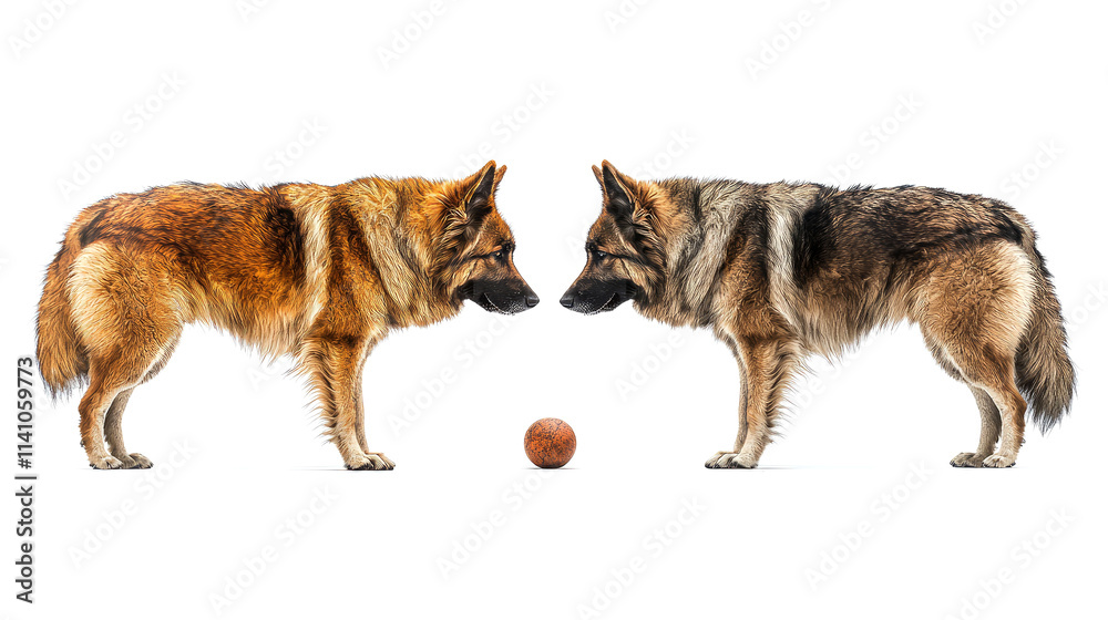 Two German Shepherd dogs facing each other, eyeing a ball. Two German Shepherd dogs facing each other, eyeing a ball.