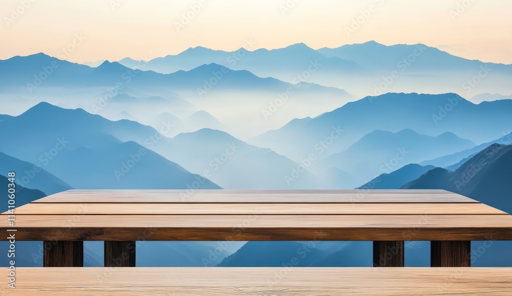 Wooden table overlooking a misty mountain range at sunrise. Wooden table overlooking a misty mountain range at sunrise.