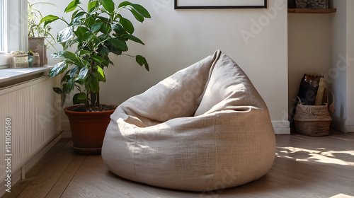 Bean bag chair in corner, scandinavian, boho interior design of modern living room