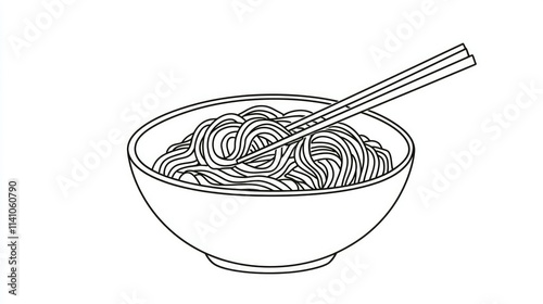 A simple line drawing of a bowl of noodles with chopsticks, illustrating a meal.