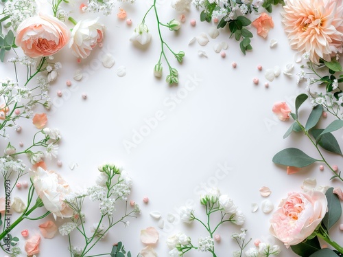 Flower and Greenery Composition boarder frame with white copy space background