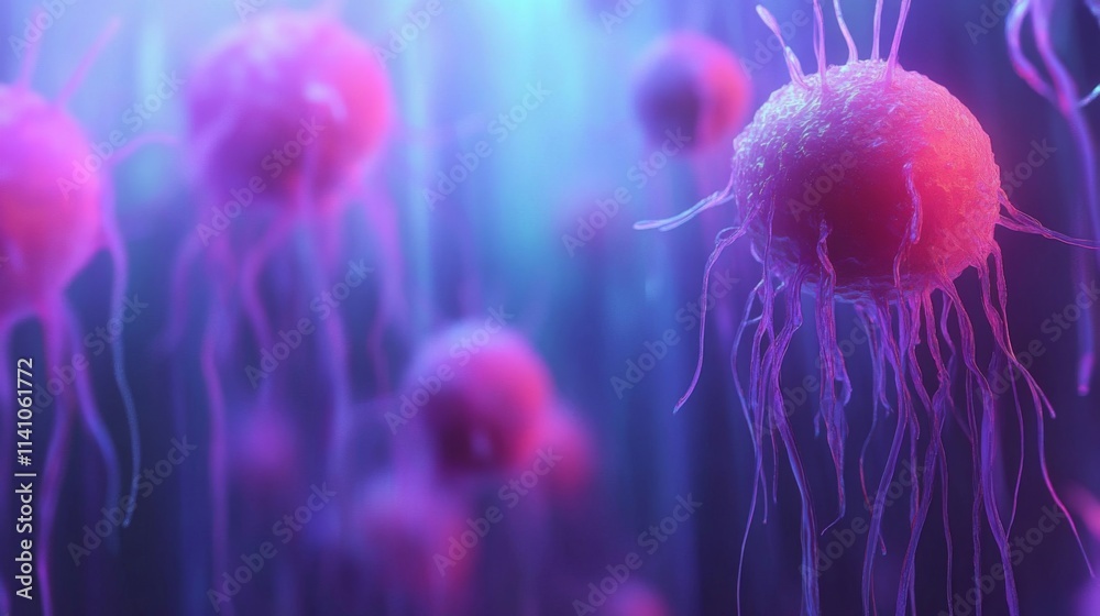 Microscopic View Of Pink Cells With Tendrils Microscopic View Of Pink Cells With Tendrils