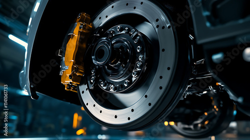 A car mechanic installs two disc brake rotors and piston brake calipers, repairs and services the rear brakes of a car