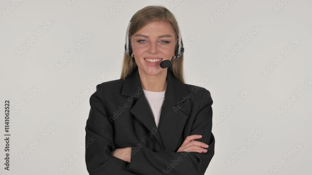 Portrait of Smiling Call Center Employee with Headset on White Background Portrait of Smiling Call Center Employee with Headset on White Background