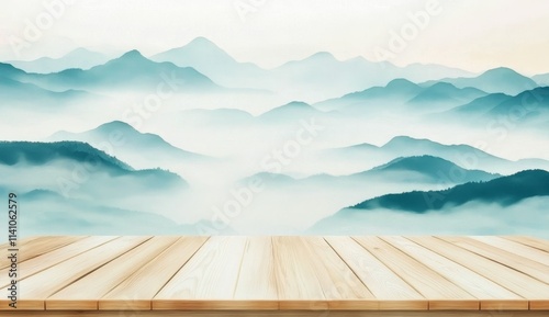 Misty mountain range scene with empty wooden table.