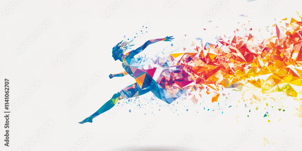 Obraz premium Abstract polygonal athlete in motion, colorful geometric explosion effect for Los Angeles 2028 Olympic Games and global sports events, symbolizing speed, energy, and dynamic movement.