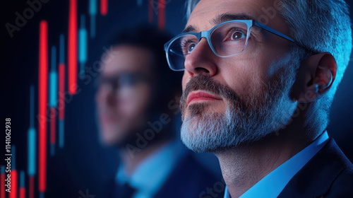 Professional man with glasses contemplating financial data in dark setting