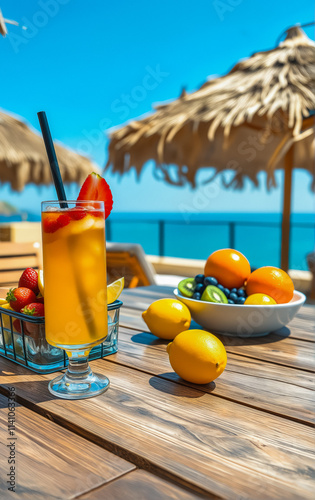 A colorful tropical drink served with fresh fruits on a wooden table under a straw umbrella by the beach. photo