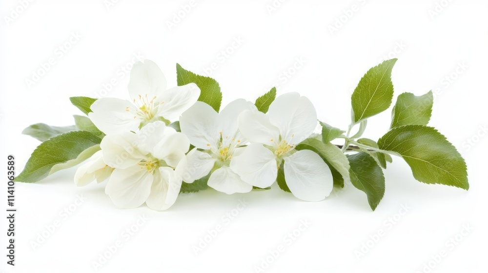 Obraz premium A close-up photograph of an apple blossom branch with white flowers and green leaves, set against a white background. The branch is in sharp focus, creating a striking contrast that highlights its del