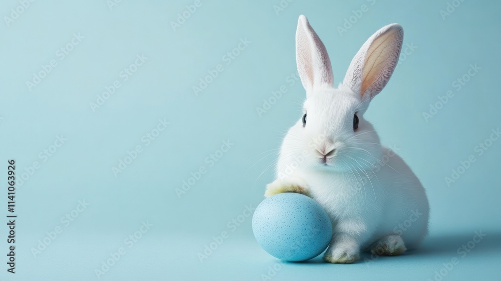 Adorable White Easter Bunny with a Light Blue Egg Adorable White Easter Bunny with a Light Blue Egg