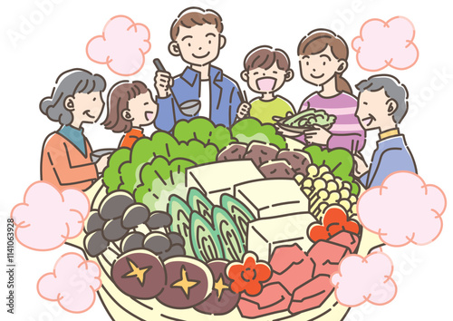 鍋料理を食べる家族