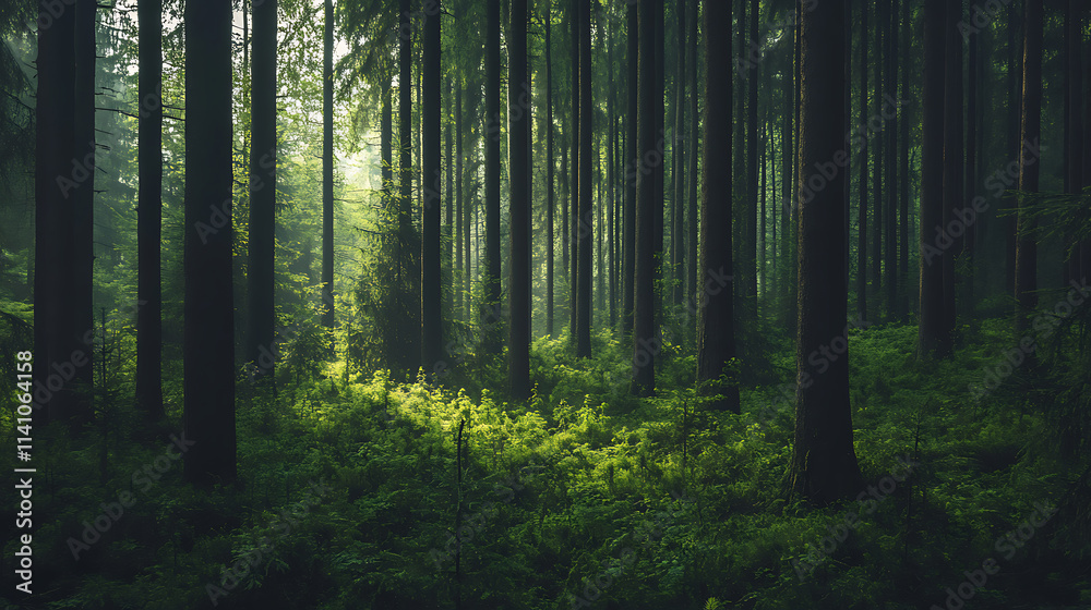 Obraz premium A lush forest with tall trees and diverse vegetation, representing the importance of preserving biodiversity in forest ecosystems, concept nature conservation, sustainability, green lifestyle, forest