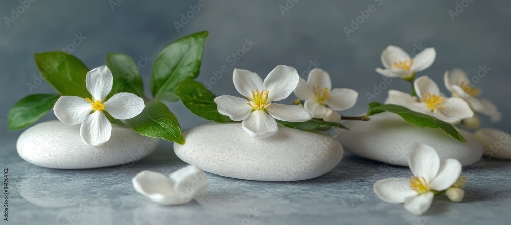 Serene Spa Still Life: White Blossoms and Smooth Stones Serene Spa Still Life: White Blossoms and Smooth Stones