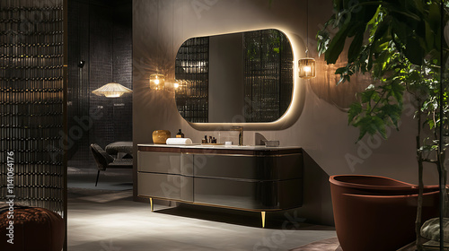 A luxurious bathroom interior featuring a modern vanity with a large mirror, elegant lighting, and stylish decor elements, the design combines minimalist and contemporary styles, creating a sophistica