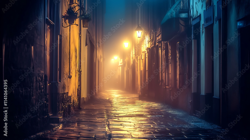 Obraz premium A misty urban alley at night, illuminated by street lights, showcasing a mysterious ambiance on a dark background
