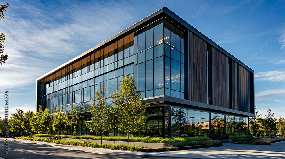 A modern office building with glass windows and trees outside, illuminated by sunlight against the blue sky A modern office building with glass windows and trees outside, illuminated by sunlight against the blue sky
