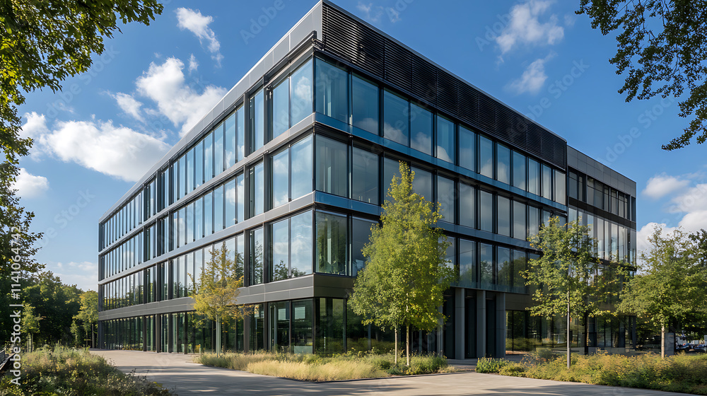 A modern office building with glass windows and trees outside, illuminated by sunlight against the blue sky A modern office building with glass windows and trees outside, illuminated by sunlight against the blue sky
