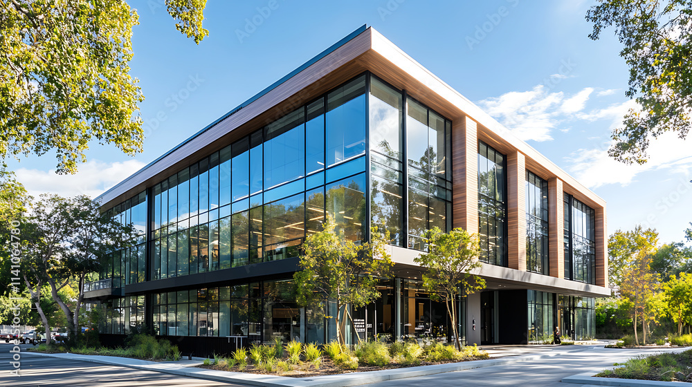 A modern office building with glass windows and trees outside, illuminated by sunlight against the blue sky A modern office building with glass windows and trees outside, illuminated by sunlight against the blue sky