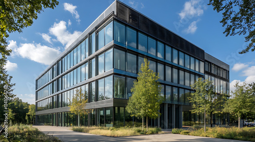 A modern office building with glass windows and trees outside, illuminated by sunlight against the blue sky