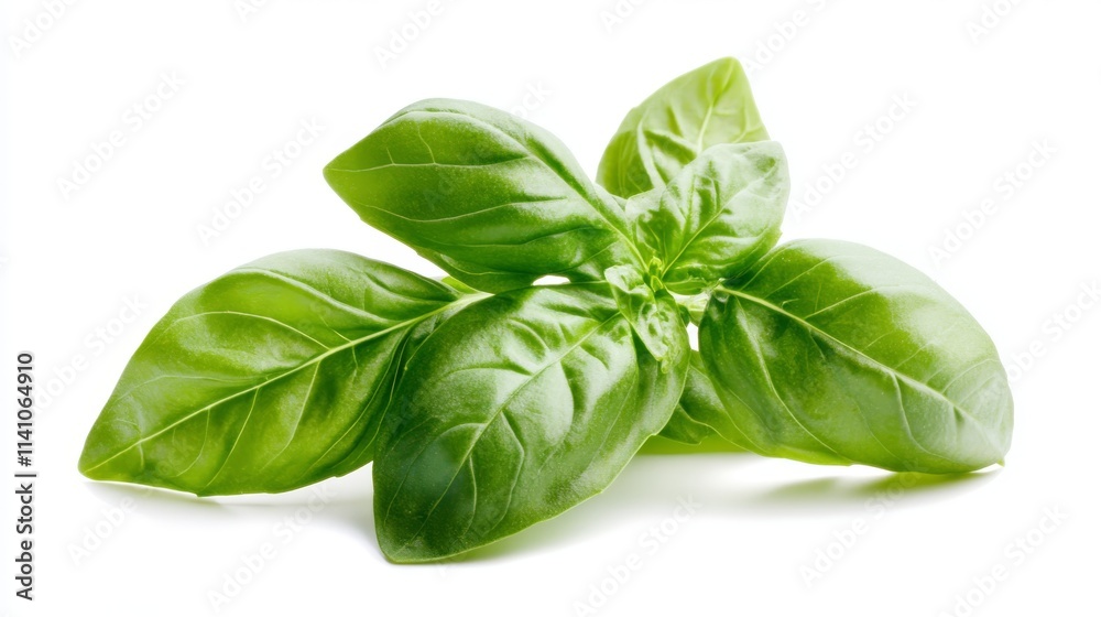 A photograph of fresh basil leaves, isolated on a white background with no shadows or reflections. The focus is sharp, and the lighting is bright, highlighting the vibrant green color. A soft shadow i A photograph of fresh basil leaves, isolated on a white background with no shadows or reflections. The focus is sharp, and the lighting is bright, highlighting the vibrant green color. A soft shadow i
