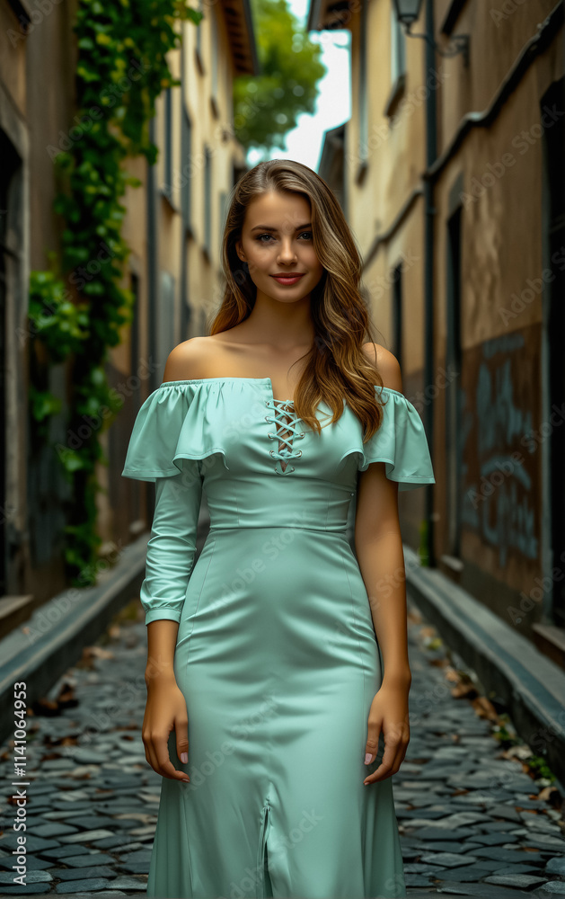 Stylish Woman in Light Blue Dress on Street Stylish Woman in Light Blue Dress on Street