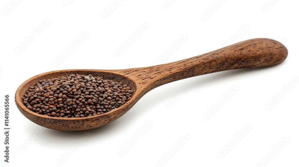 A wooden spoon filled with small, dark seeds, likely for culinary use. A wooden spoon filled with small, dark seeds, likely for culinary use.