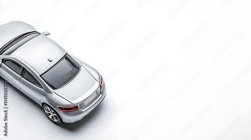 A silver car on white background, close up shot with copy space concept A silver car on white background, close up shot with copy space concept