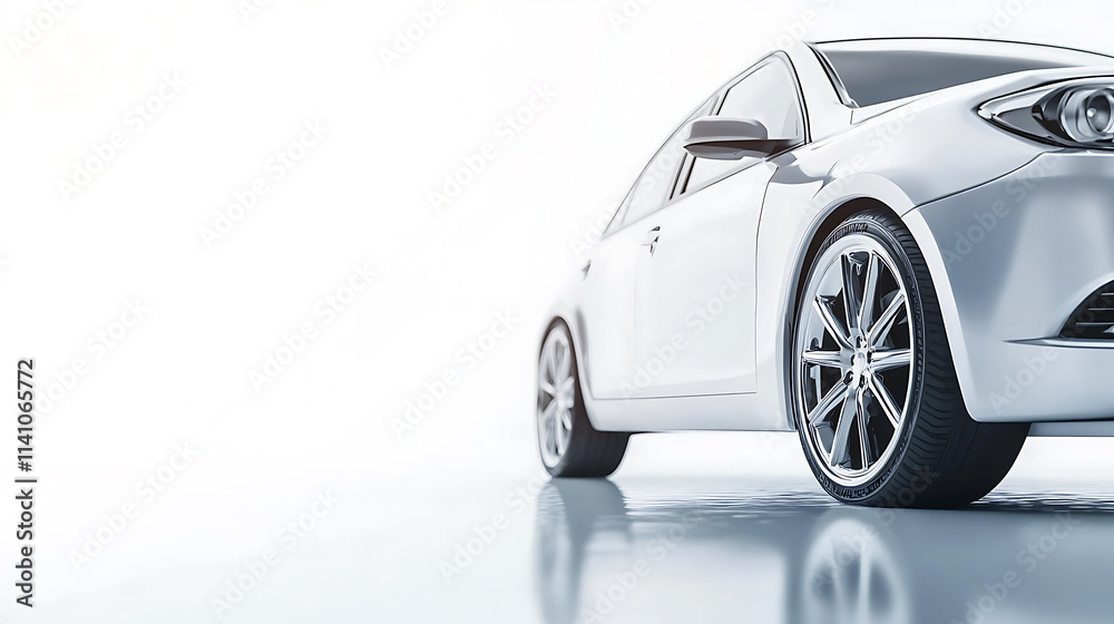 A silver car on white background, close up shot with copy space concept A silver car on white background, close up shot with copy space concept