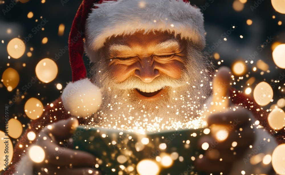 In a festive setting, Santa Claus happily unboxing a Christmas gift on a snowy blue background, with space for copy. In a festive setting, Santa Claus happily unboxing a Christmas gift on a snowy blue background, with space for copy.
