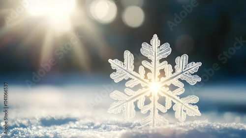 A single, intricate snowflake rests on a snowy surface, backlit by bright winter sun.