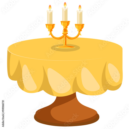 Table on one leg and yellow tablecloth candles and candlestick